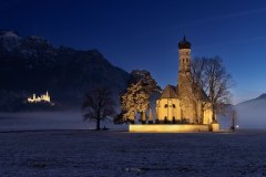 Sankt Coloman, Neuschwanstein, Hohenschwangau im Winterkleid zur blauen Stunde
